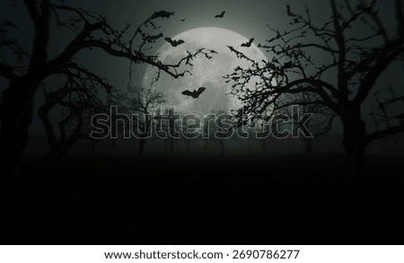 Dark spooky forest with bare trees under a full moon, bats flying across the night sky, creating a mysterious and eerie Halloween atmosphere. Happy Halloween, concept. Scary night landscape wallpaper
