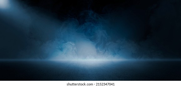 The dark stage shows, dark blue  background, an empty dark scene, neon light, spotlights The asphalt floor and studio room with smoke float up the interior texture for display products - Shutterstock ID 2152347041