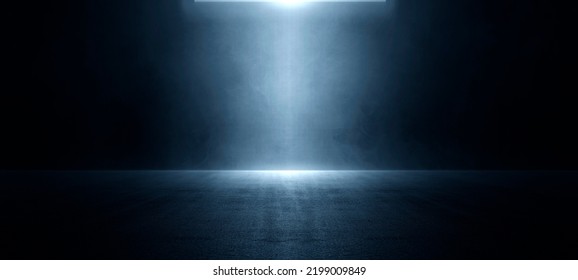 The dark stage shows, blue background, an empty dark scene, neon light, and spotlights The asphalt floor and studio room with smoke float up the interior texture for display products. illustration - Powered by Shutterstock