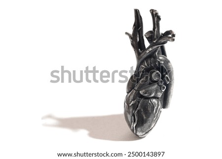 Dark steel model of a human heart depicting detailed anatomical structures and vessels. Ideal for educational purposes in biology and medical studies.