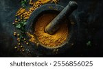 A dark stone mortar and pestle contains freshly ground turmeric powder, surrounded by whole turmeric seeds and parsley.