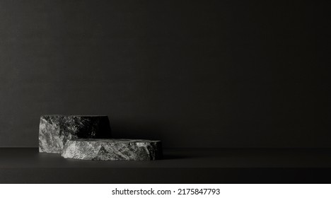 Dark stone podium for beauty and spa cosmetic brand product placement on black background wall. Luxury granite natural material and neutral aesthetic bathroom shelf. Minimal trendy mockup template. - Shutterstock ID 2175847793