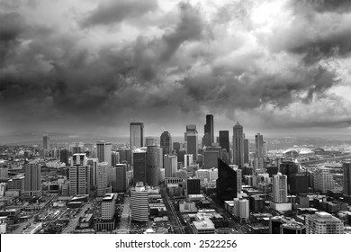 Dark Storm Clouds Loom Over The City Of Seattle