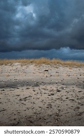 Dark storm clouds over a sandy beach 
