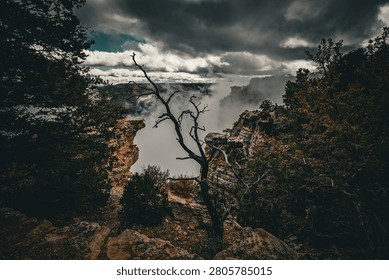 Dark storm clouds roll over the Grand Canyon as fog fills the canyon below, creating a dramatic wilderness scene. Ideal for travel, nature, adventure, and environmental marketing.