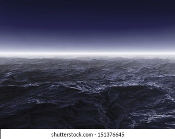 Dark Stormy Sea Waters In Foggy Night