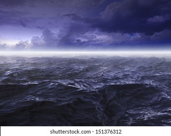 Dark stormy sea waters at night