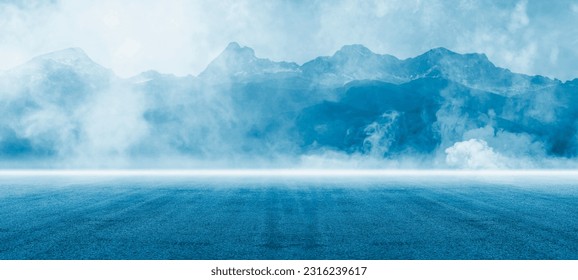 Dark street, asphalt abstract dark blue background, empty dark mountain range scene, with smoke mist cold white float up for display products