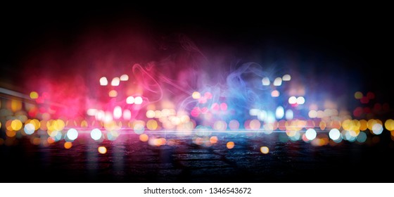 Dark street of the night city. Abstract bokeh light. Reflection on the wet asphalt, the lights of the night city. Dark background with abstract bokeh, rays of light. - Powered by Shutterstock