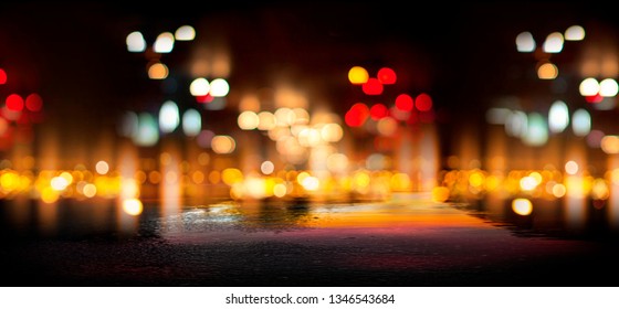 Dark street of the night city. Abstract bokeh light. Reflection on the wet asphalt, the lights of the night city. Dark background with abstract bokeh, rays of light. - Powered by Shutterstock