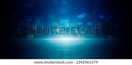 Dark street of the night city, Dark blue background, an empty dark scene, neon, spotlights reflecting on the asphalt floor, and a studio room with smoke floating up, a night view the city