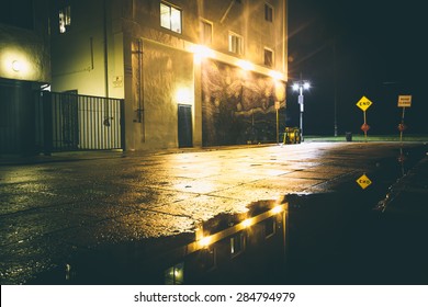 A Dark Street At Night, In Venice Beach, Los Angeles, California.