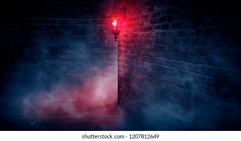 A Dark Street, A Red Lantern, A Brick Wall, Smoke, A Corner Of The Building, A Lantern Shining. Night Scene, Club Neon Light. Night City And Neon Light.
