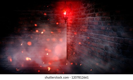 A Dark Street, A Red Lantern, A Brick Wall, Smoke, A Corner Of The Building, A Lantern Shining. Night Scene, Club Neon Light. Night City And Neon Light.