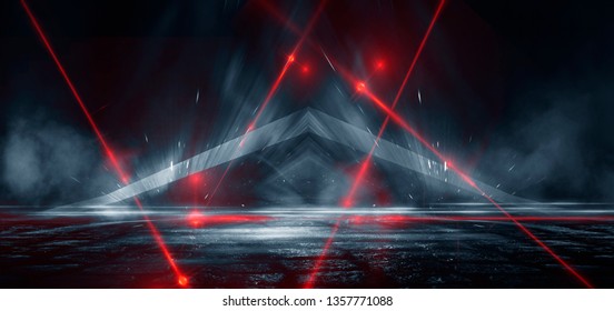 Dark street, reflection of neon light on wet asphalt. Rays of light and red laser light in the dark. Night view of the street, the city. Abstract dark blue background. - Shutterstock ID 1357771088