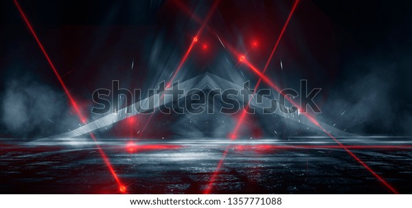 Dark street, reflection of\
neon light on wet asphalt. Rays of light and red laser light in the\
dark. Night view of the street, the city. Abstract dark blue\
background.