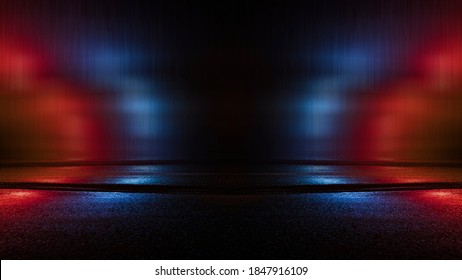 Dark street reflection on wet asphalt, fog, night city. Rays of neon light in the dark, neon light, smoke. Empty background scene. Abstract dark background.