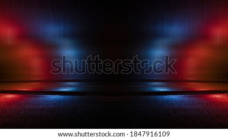 Dark street reflection on wet asphalt, fog, night city. Rays of neon light in the dark, neon light, smoke. Empty background scene. Abstract dark background.