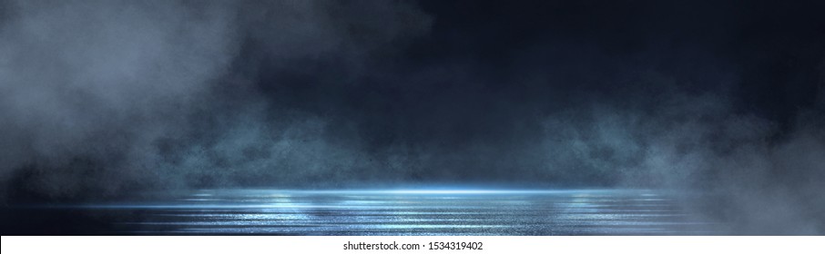 Dark Street, Wet Asphalt, Reflections Of Rays In The Water. Abstract Dark Blue Background, Smoke, Smog. Empty Dark Scene, Neon Light, Spotlights. Concrete Floor