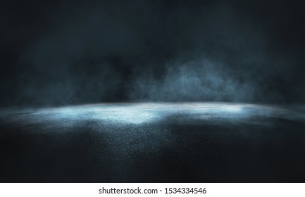 Dark Street, Wet Asphalt, Reflections Of Rays In The Water. Abstract Dark Blue Background, Smoke, Smog. Empty Dark Scene, Neon Light, Spotlights. Concrete Floor