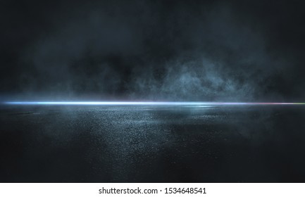 Dark street, wet asphalt, reflections of rays in the water. Abstract dark blue background, smoke, smog. Empty dark scene, neon light, spotlights. Concrete floor - Shutterstock ID 1534648541