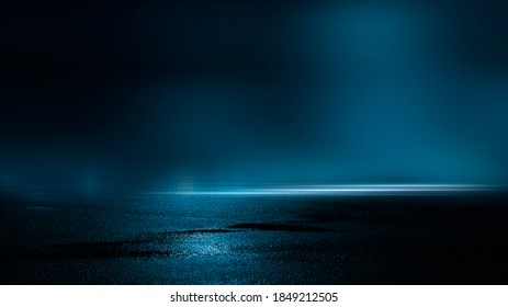 Dark Street, Wet Asphalt, Reflections Of Rays In The Water. Abstract Dark Blue Background, Smoke, Smog. Empty Dark Scene, Neon Light, Spotlights. Concrete Floor