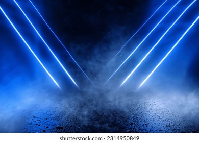 Dark street, wet asphalt, reflections of rays in the water. Abstract dark blue background, smoke, smog. Empty dark scene, neon light, spotlights. - Shutterstock ID 2314950849