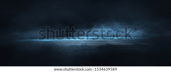 Dark street, wet asphalt,\
reflections of rays in the water. Abstract dark blue background,\
smoke, smog. Empty dark scene, neon light, spotlights. Concrete\
floor