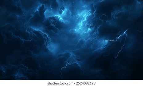 Dark swirling clouds of deep blue fill sky, illuminated by flashes of lightning, creating ominous and dramatic atmosphere. scene evokes sense of mystery and foreboding.