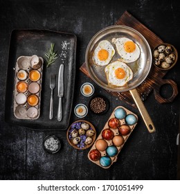 Dark Table Moody Compositions For Easter Evening Holidays With Fired And Boiled Eggs