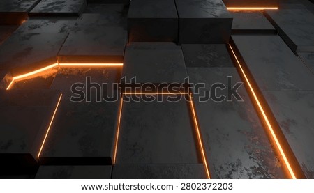 A dark, textured surface composed of abstract cubes, illuminated by vibrant orange neon light tracing geometric patterns.