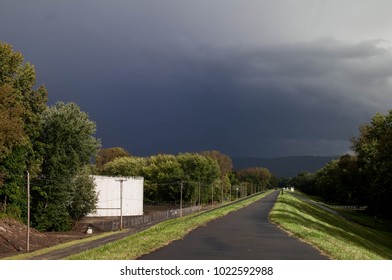 Dark thunderclouds rush  over a sunlight biking trail. Trees are tossed by high winds. 