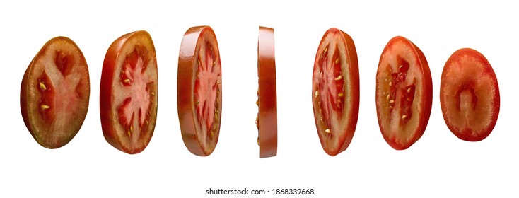 Dark tomato slices levitating in the air isolated on white background - Shutterstock ID 1868339668