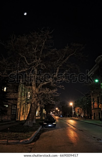 Dark urban city street at night with moon, large\
scary tree and car
