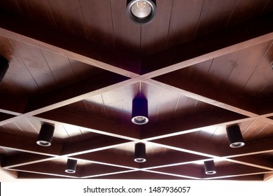 Dark Walnut Wooden Coffered Ceiling And Modern LED Lights