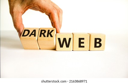 Dark Web Symbol. Businessman Turns Wooden Cubes And Changes The Word Web To Dark Web. Beautiful White Background. Business, Dark Web Concept. Copy Space.