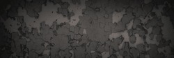 Dark Wide Panoramic Background. Peeling Paint On A Concrete Wall. Dark Grunge Texture Of Old Cracked Flaking Paint. Weathered Rough Painted Surface. Patterns Of Cracks. Darkness Background For Design.