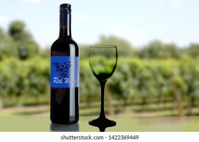 Dark Wine Bottle With Generic Label And Wine Glass On A Background Of A Green Winery Vineyard