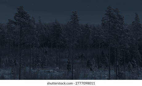 Dark winter forest illuminated by faint starlight, with tall snow-covered pines fading into the distance. A cold, quiet night scene evoking mystery, solitude, and untouched nature.