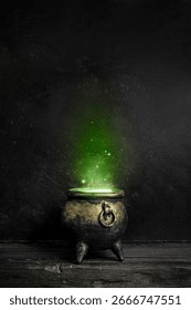 Dark witch cauldron with a magi.c witch's potion in a dark room