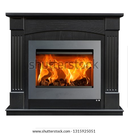 Dark wood fireplace isolated on white background.