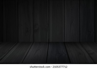 Dark wood hardwood wall as background, old floor black wooden texture perspective interior kitchen. Empty dark wooden table and board for product decoration display.
