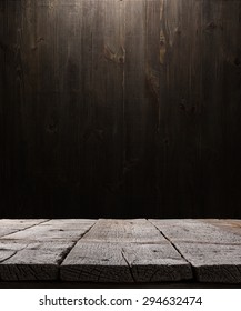 Dark Wooden Background Texture. Wood Shelf, Grunge Industrial Interior With Light Bulb