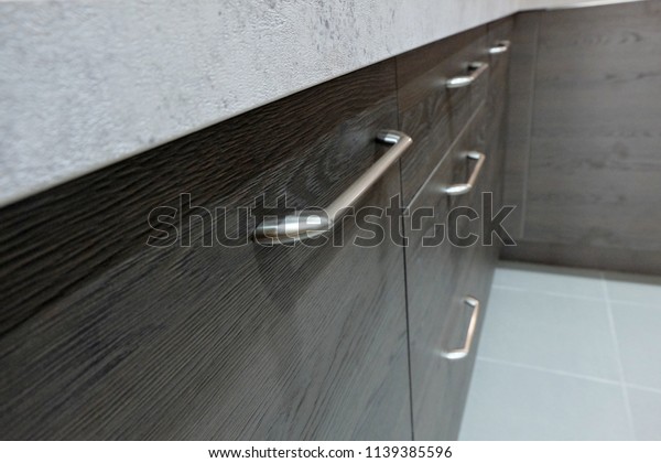 Dark Wooden Cabinet Stainless Steel Handles Stock Photo Edit Now