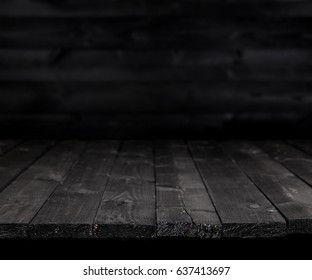 Dark wooden table for product, old black wooden perspective interior