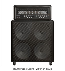 A dark-grey guitar amplifier stack, featuring a head unit with vacuum tubes atop a 4x12 cabinet with angled speaker grilles and casters.  The head displays indicator lights