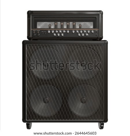 A dark-grey guitar amplifier stack, featuring a head unit with vacuum tubes atop a 4x12 cabinet with angled speaker grilles and casters.  The head displays indicator lights