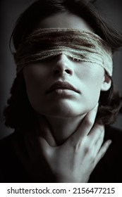 Darkhaired Girl Bandaged Eyes Stands Dark Stock Photo 2156477215 ...