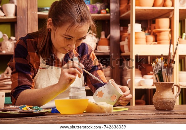 Darkhaired Woman Artist Apron Checkered Shirt Stock Photo Edit