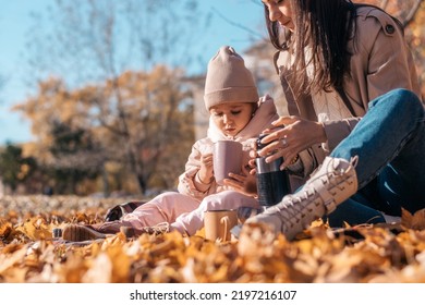 Dark-haired Young Mother And Daughter Having A Picnic In An Autumn Park On A Sunny Day.Family And Autumn Concept.Selective Focus,copy Space.